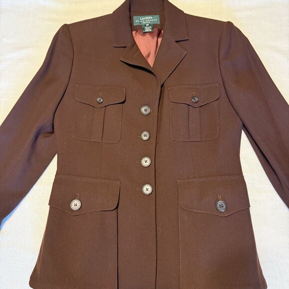 Vintage Women's Lauren Ralph Lauren Petite Brown Worsted Wool Blazer Jacket 6P - Picture 4 of 5